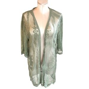 Miss Chievous Sage Green Lace Kimono Floral Embroidered Sheer Duster L/XL Boho
